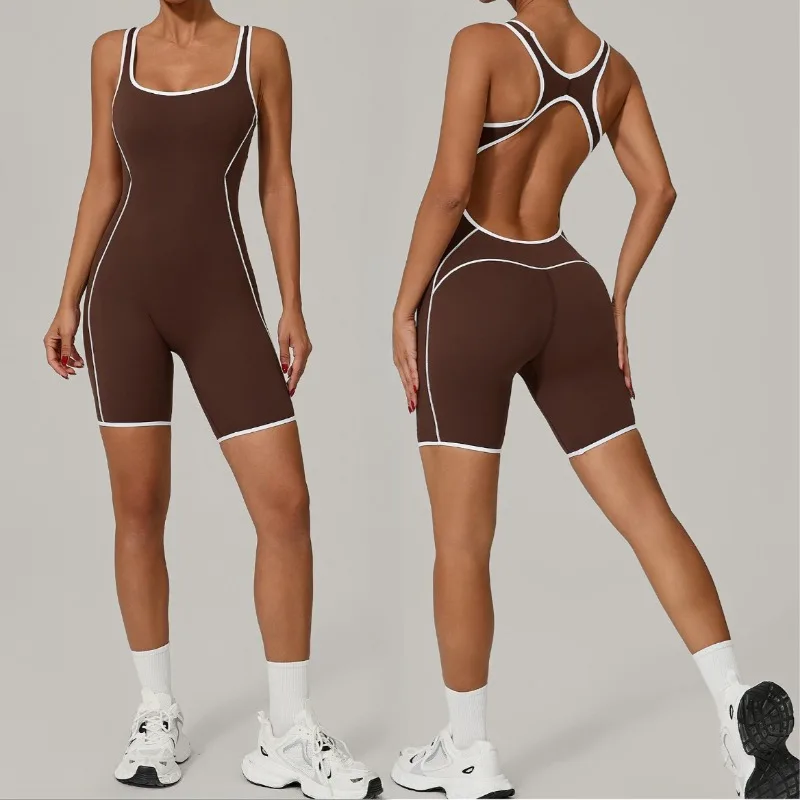 

New Women's Seamless Yoga Romper - Fashion Open Back Color Contrast Sculpting Butt-Lifting Bodysuit for Running Gym Workout