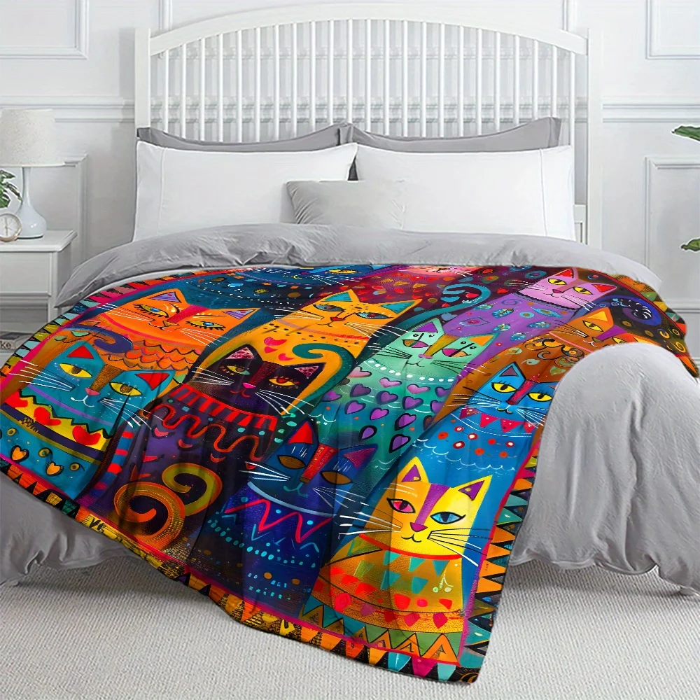 1pc Vintage Cute Cat Print Light Throw Blanket, All Season, Nap & Air Conditioning Blanket for Sofa Bed Camping Travel Office