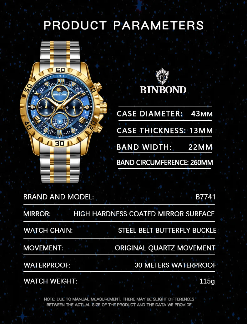 BINBOND Men\'s Quartz Watches Stainless Steel Multifunctional Moon Phase Stars Luminous Waterproof Golden Wristwatches Male Clock