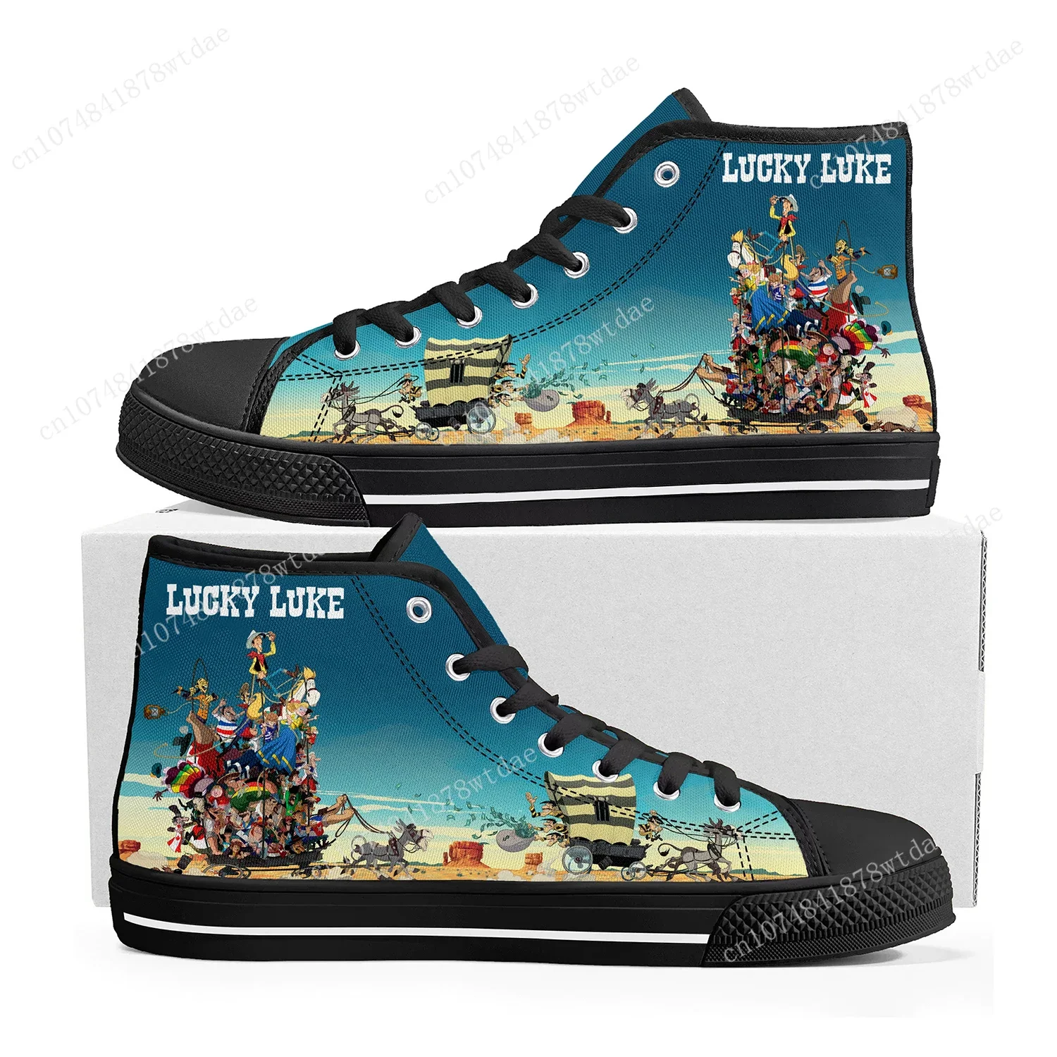 Lucky Luke Hoge Top Sneakers Heren Dames Tiener Cowboy Hoge Kwaliteit Canvas Sneaker Anime Cartoon Casual Op Maat Gemaakte Schoenen