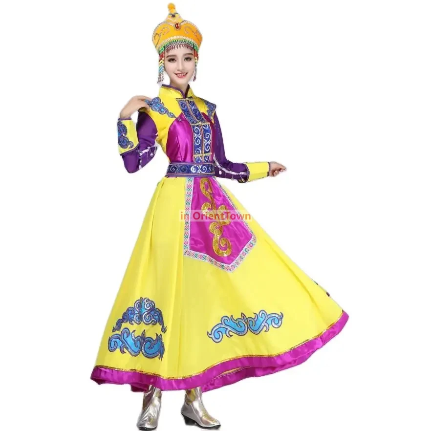 Traje de danza folclórica china, vestido dorado violeta, vestido étnico, ropa de danza mongol, ropa de escenario mongol para mujer