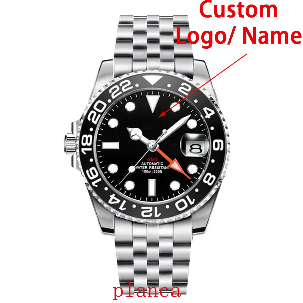 Orologio meccanico con logo personalizzato da 40 mm GMT NH34 Il lunetta girevole a sinistra con vetro zaffiro Orologio in acciaio inossidabile argento