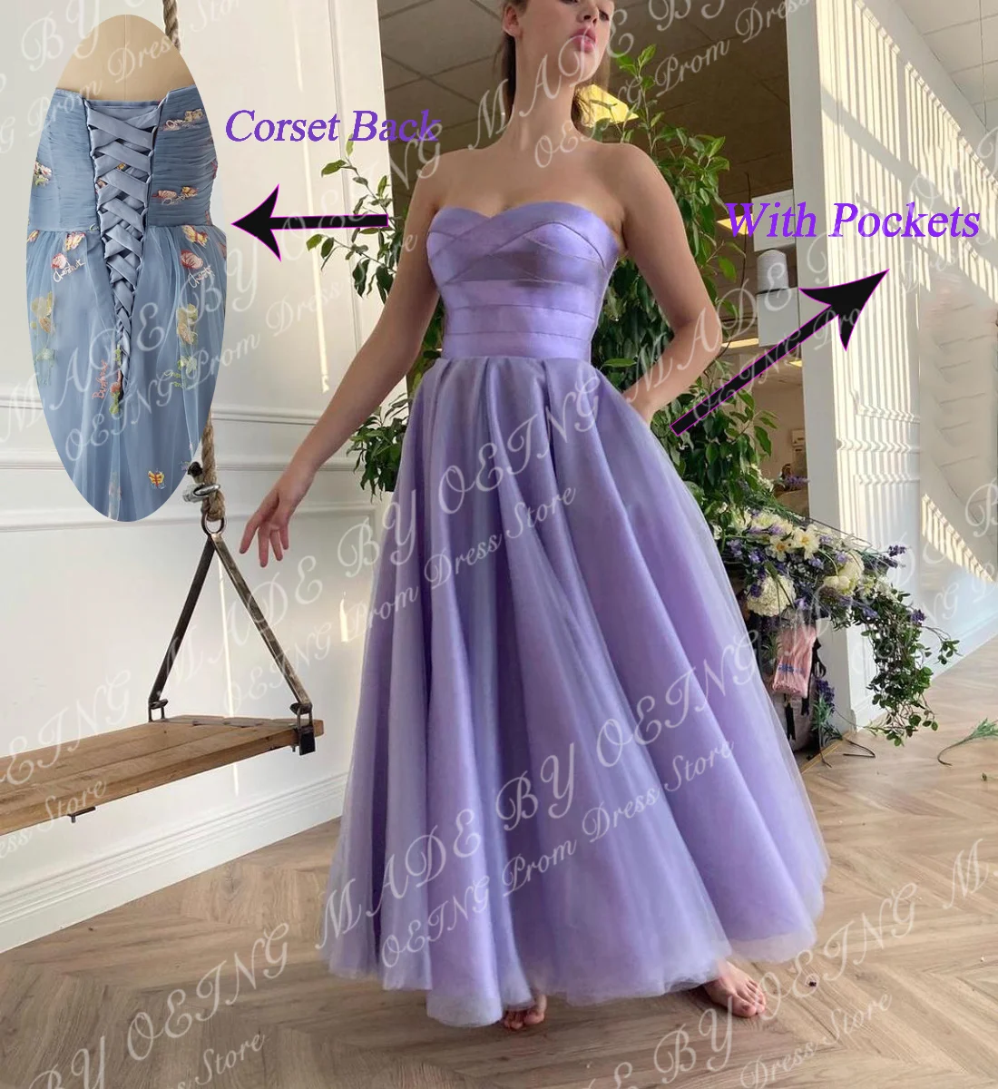 OEING Fairy Strapless Midi Evening Dresses Sweetheart Pleats Ankle Length Prom Gowns Formal A Line Party Dress With Pockets