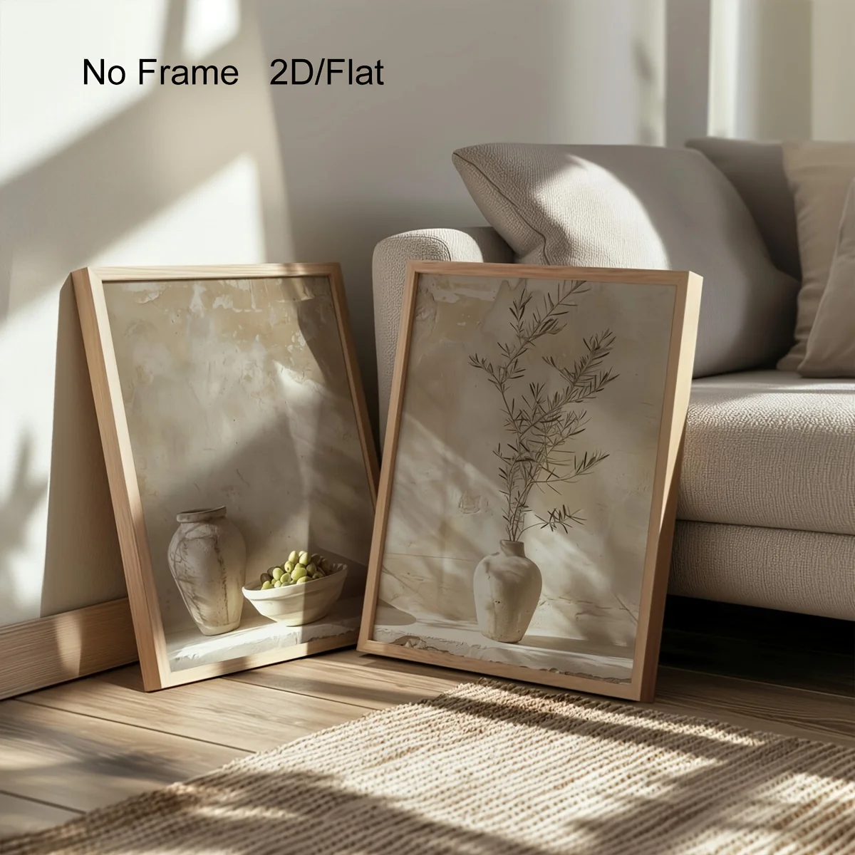 Conjunto de 2 Cuadros Decorativos de Pared con Motivo de Olivas Mediterráneas, Impresiones en Lienzo para Cocina en Tonos Neutros, Decoración con Jarrón Rústico Beige y Ramas de Olivo