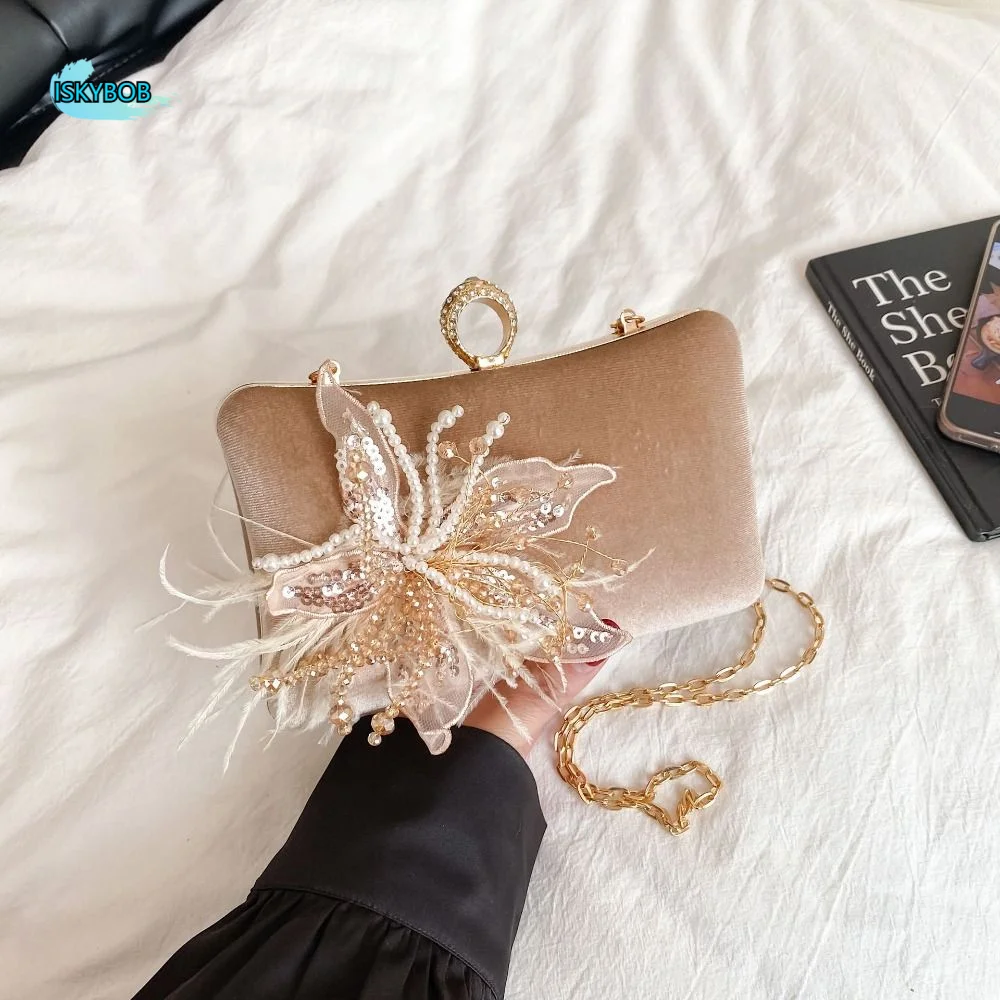 

Casual Rhinestone Evening Banquet Bag Velvet Pearl Ladies Clutch Bag Large Capacity Phone Pouch Chain Crossbody Bag Women