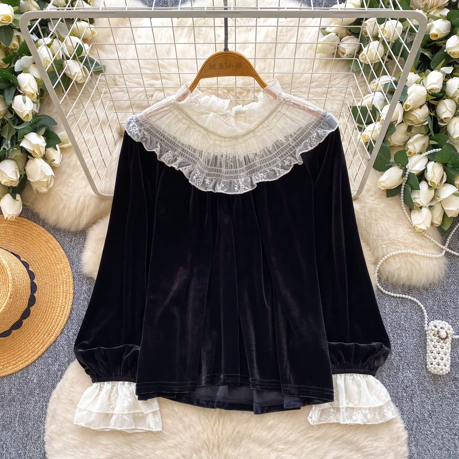 

Vintage basics long sleeve velour lace Blouse Korean Fashion Sexy office lady Shirt women clothing