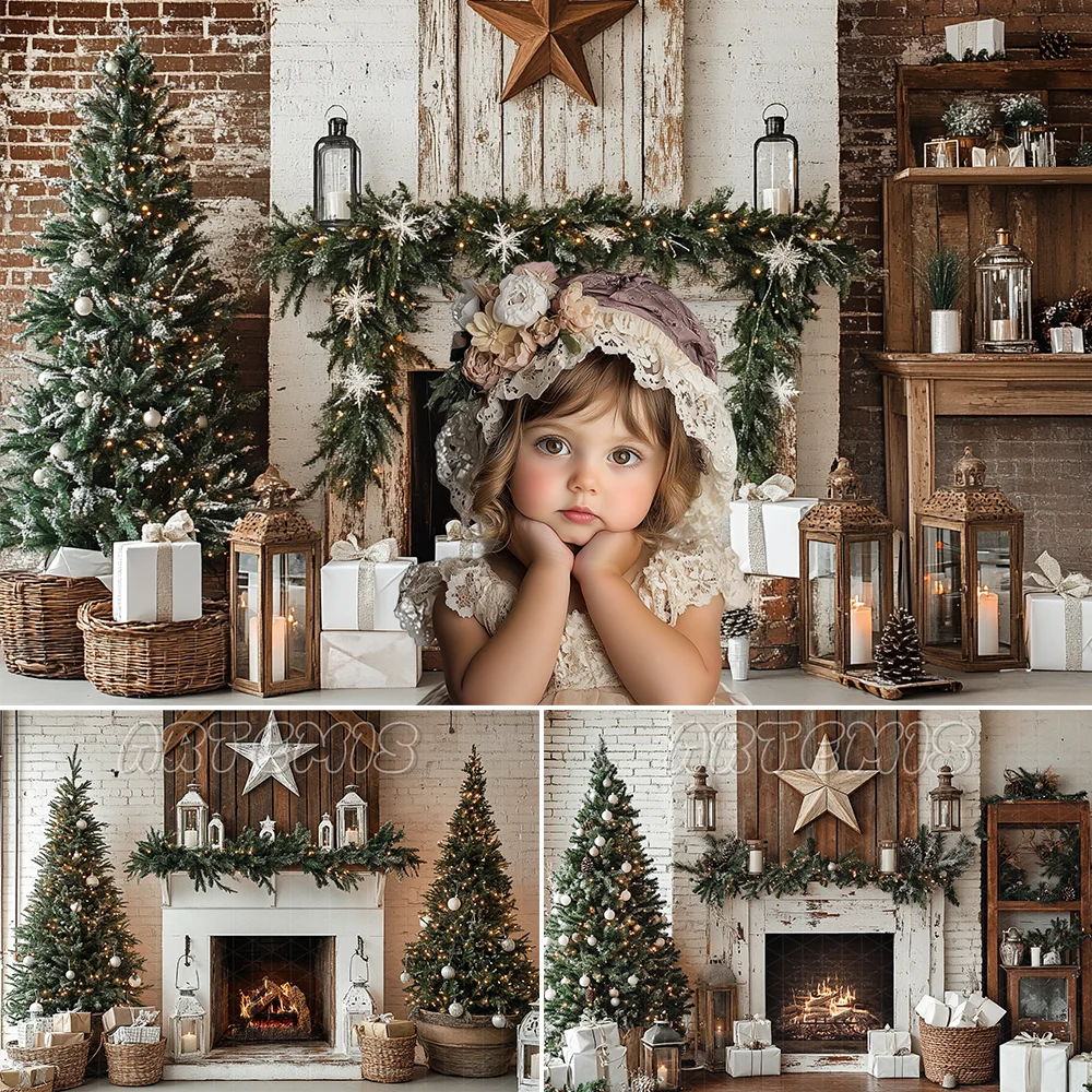 Christmas Photography Backdrop Brick Wall Wooden Fireplace Garland Wicker Basket Greenery Baby Background Photo Studio Photocall