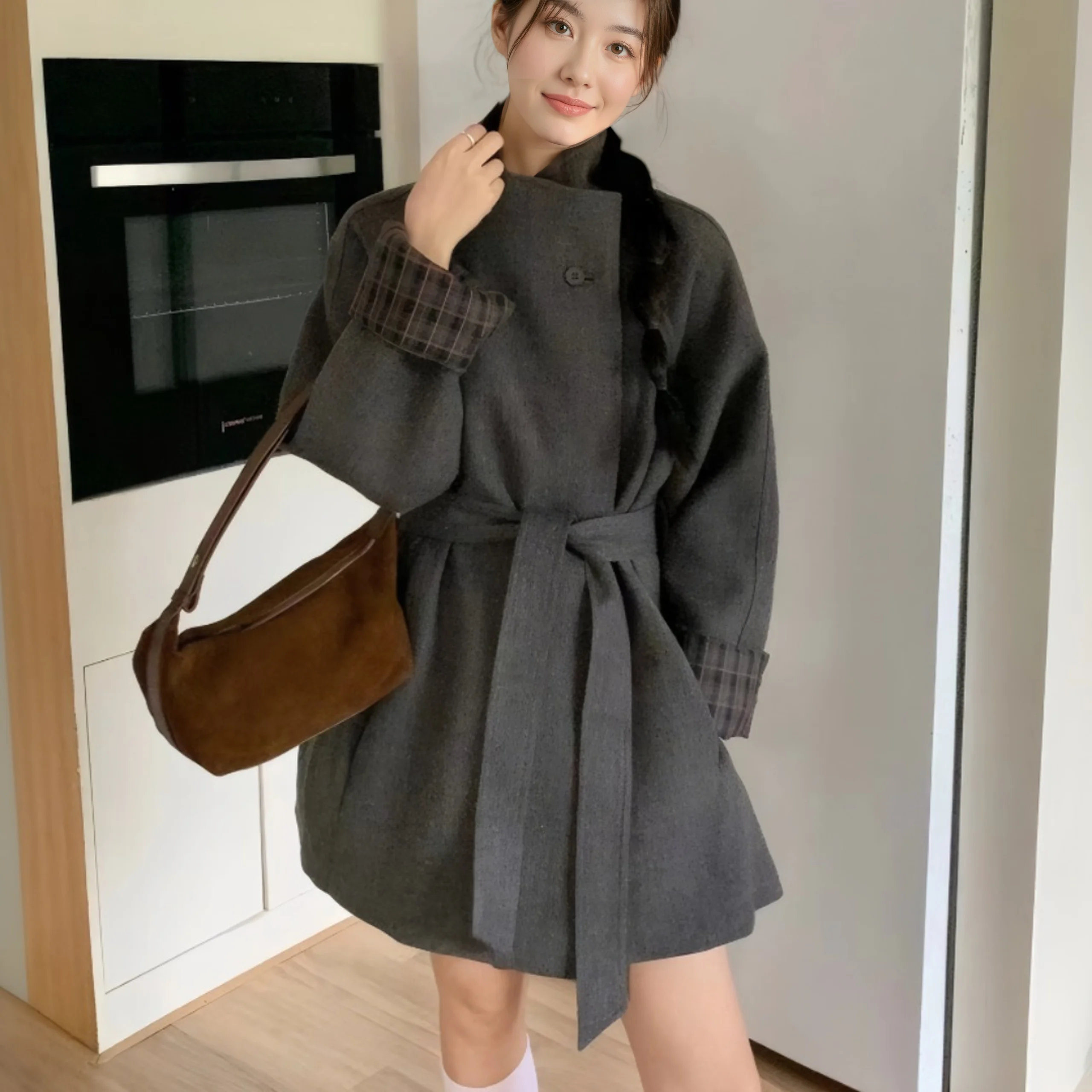 

Модные пальто с воротником-стойкой на шнуровке, утепленное свободное пальто средней длины, элегантное однотонное шерстяное пальто с длинными рукавами, женское пальто 202, осень-зима