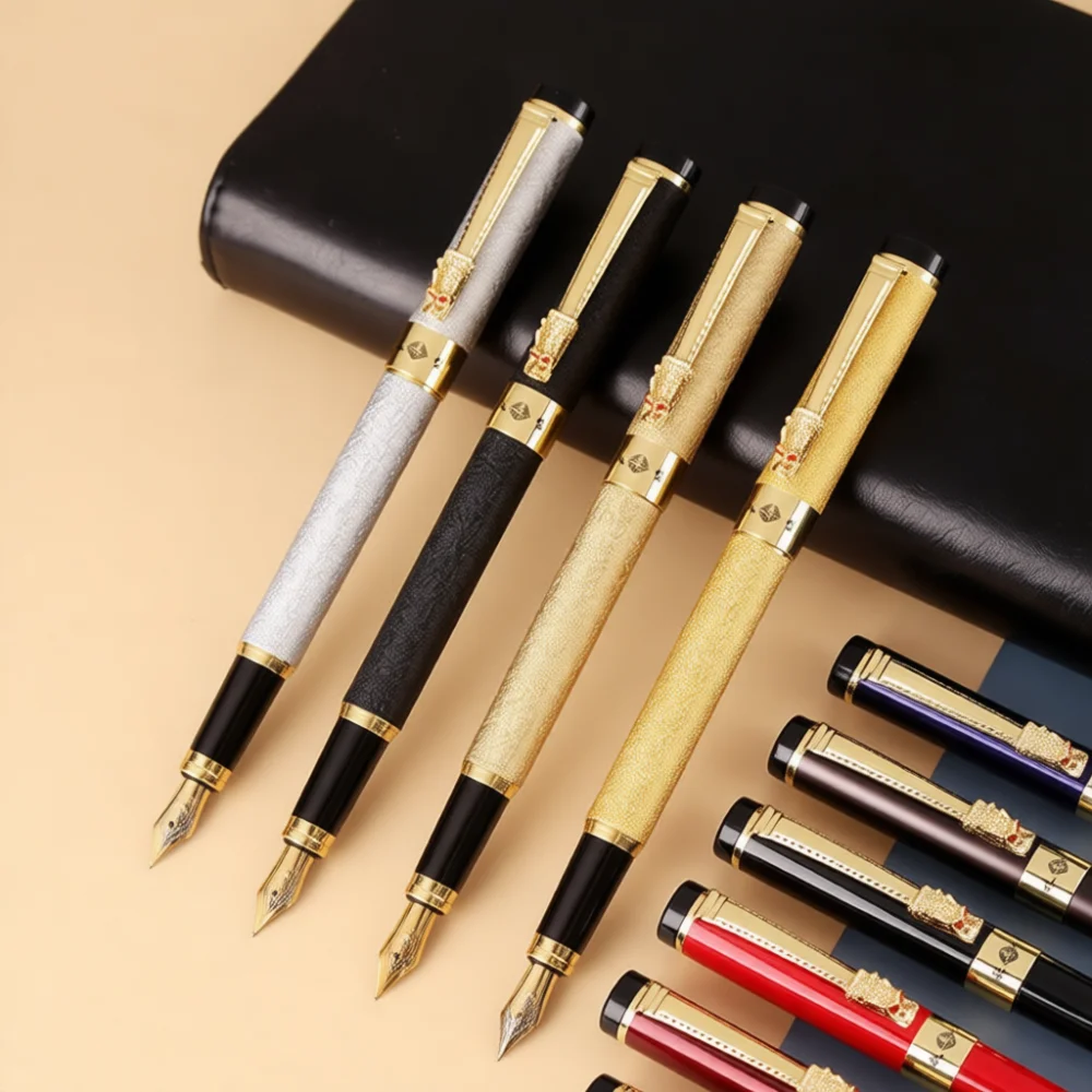 elegant-metal-fountain-pen-rollerball-pen-set-matte-black-gold-silver-office-stationery-executive-signature-writing-gift