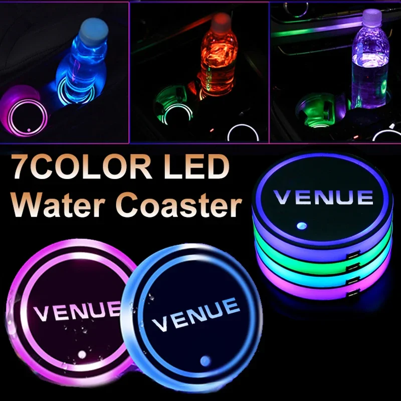 7 Colors LED Cup Holders for Hyundai Venue Car Water Coaster Drinks Decor Luminous Logo Mat Pad Atmosphere Light Auto Styling