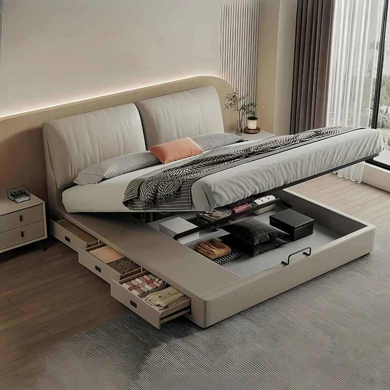 

Beige Storage Space Double Bed Design Simple White Japanese Modern Bed Metal Space Saving Letto Matrimoniale Bedroom Stuff