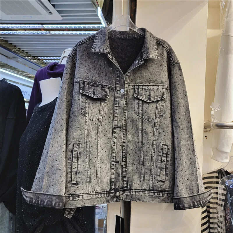 

Harajuku Fashion Hot Rhinestone Grey Denim Jacket Spring Autumn Women Loose Lapel Long Sleeve Jeans Jacket Casual Chaqueta Mujer