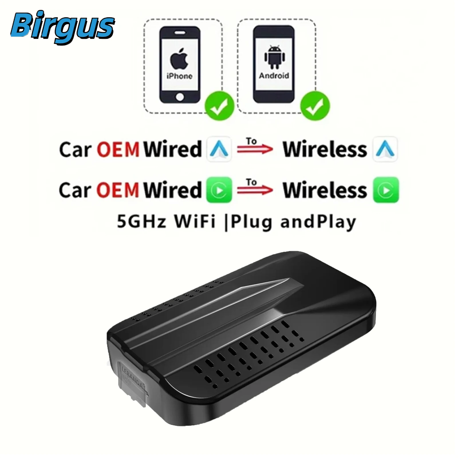 

Birgus Car AI box Wireless Carplay Adapter Android Auto apple Car play 5 in1 Adapter Bluetooth 5.0 Dual WiFi Android 13 AI Box