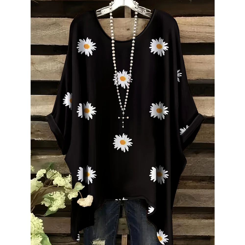 2025 elegante boêmio camiseta feminina simples vintage floral impressão bainha irregular em torno do pescoço camiseta moda versátil topo feminino