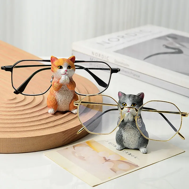 

Cute Cat Desk Organizer - Adorable Resin Figurine with Functional Glasses Holder Realistic Feline Decor & Storage