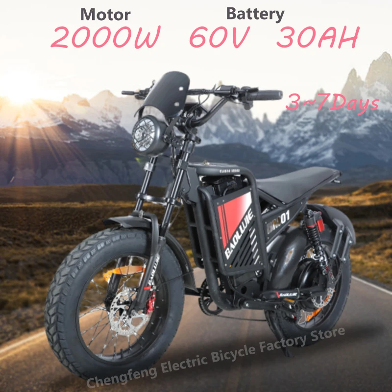 EBIKE 2025 محرك BLJ-DM01 جديد 2000 وات بطارية 60 فولت 30 أمبير، إطارات عريضة 20 بوصة، فرامل هيدروليكية، امتصاص الصدمات الأمامية والخلفية.