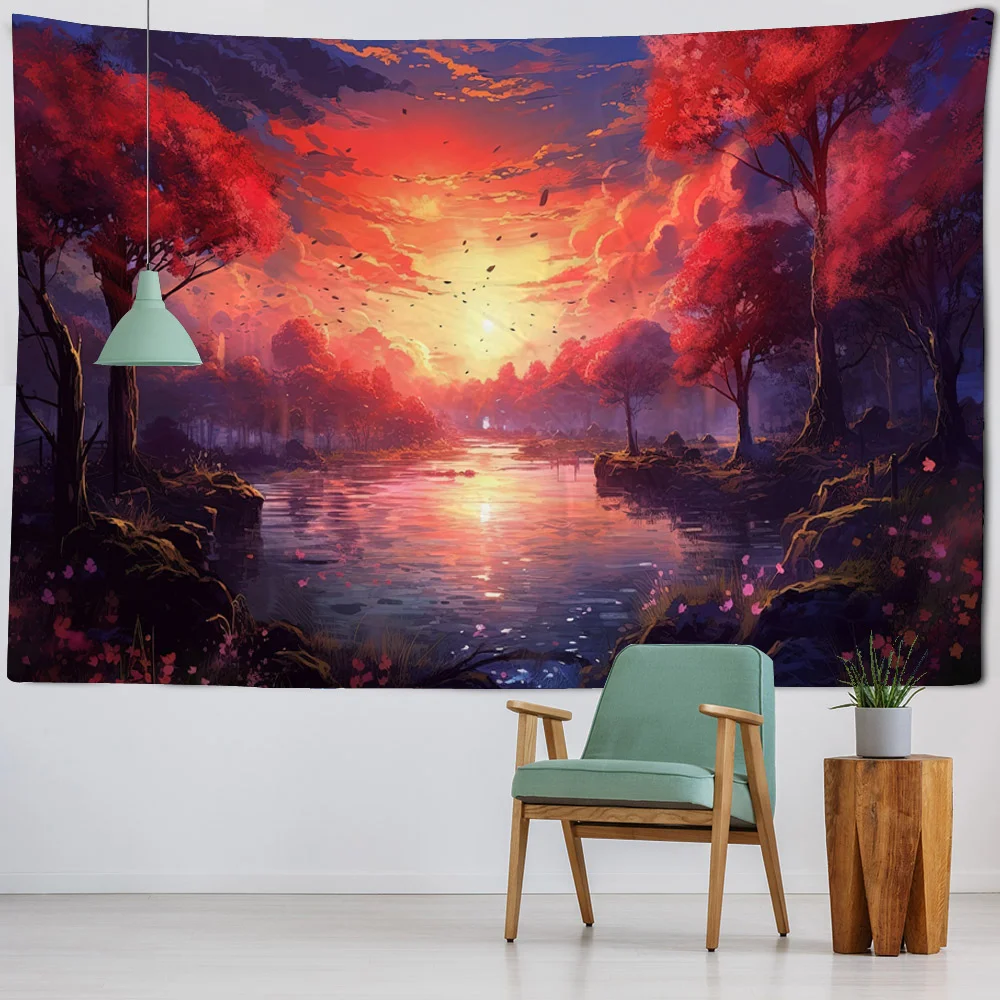 Psychedelic landscape tapestry, wall hanging, dreamy jungle art tapestry, home decoration, sunrise and sunset background cloth
