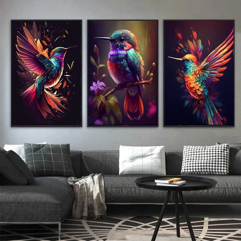 Watercolor Colorful Birds Hummingbird Flower Wall Art Canvas Painting Posters and Prints Pictures for Living Room Home Decor