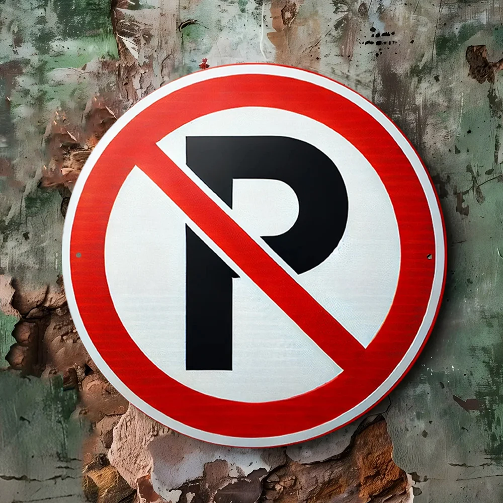 2D Flat, No Parking Sign - Vintage Red & White Circular Metal Prohibition Decoration, Heavy-Duty Aluminum, Waterproof