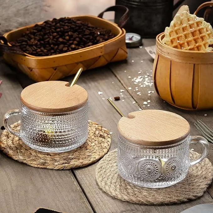 Vintage Glass Coffee Mugs, Breakfast Cup, Sunflower Wooden Lid Spoon, Overnight Oatmeal Cup, Large 450ml