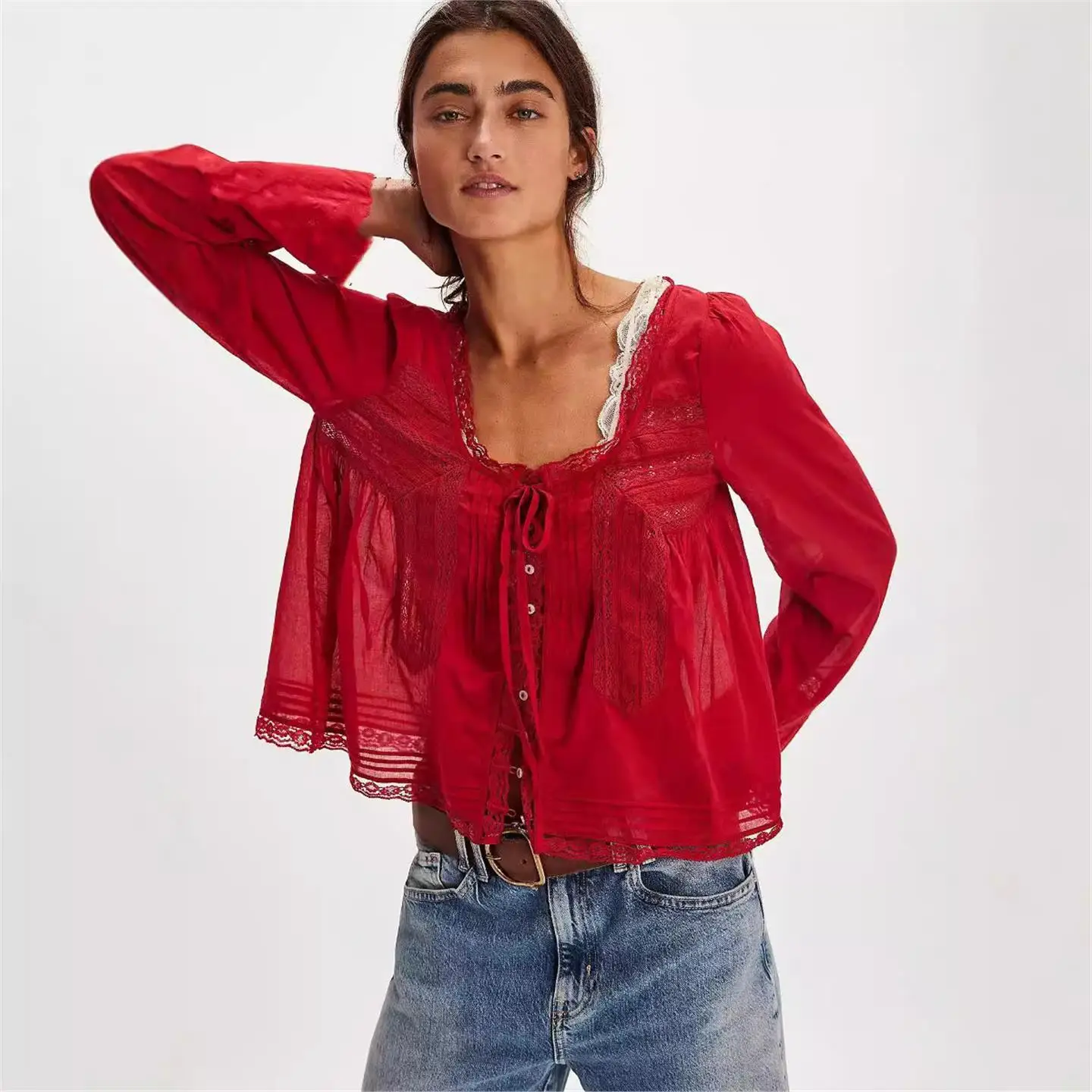 New Ele Lace Collar Long Sve irt Lightweight Unique Beautiful Floral  irt Women's Faion Autumn Top