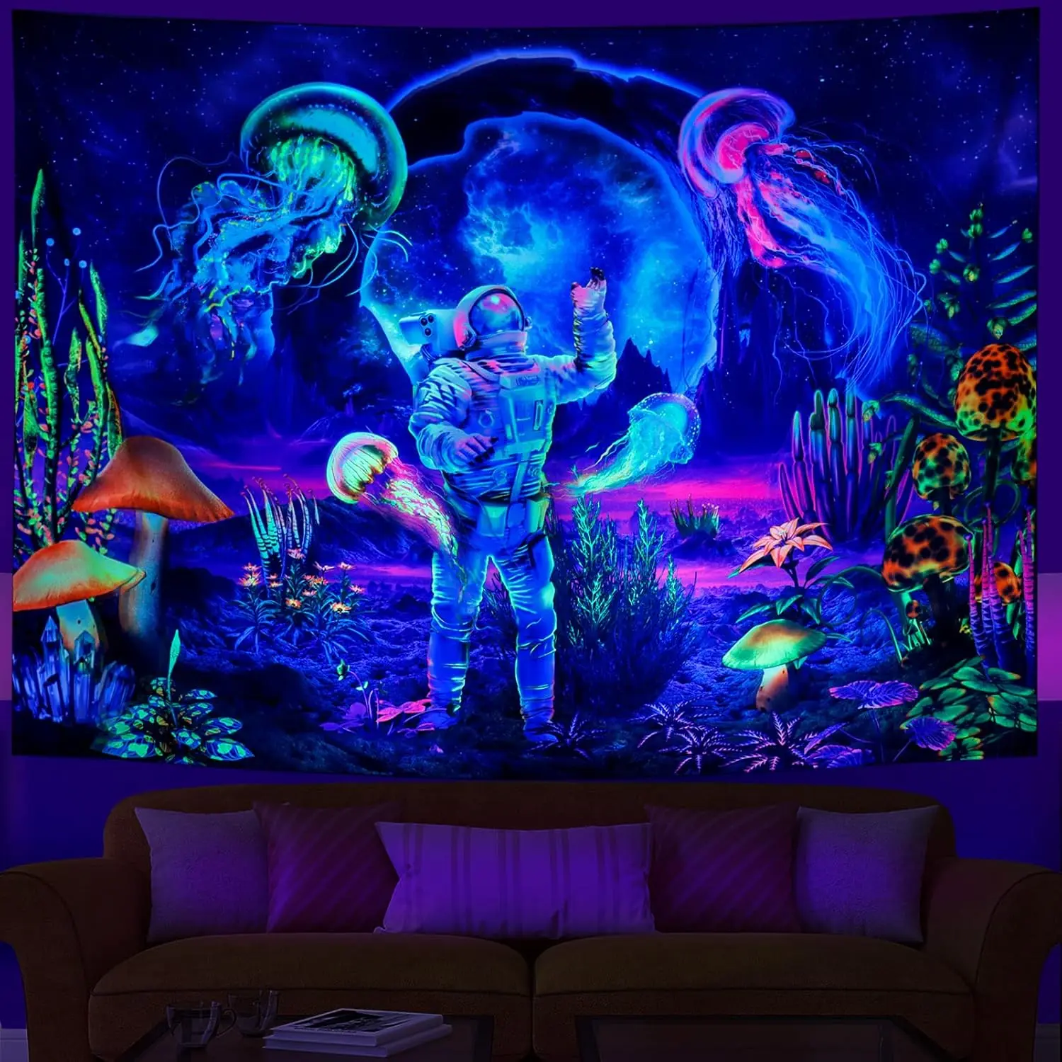 Astronaut Tapestry Plant Jellyfish Tapestry Neon Galaxy Space Tapestry Room Wall Decoration 180X320CM