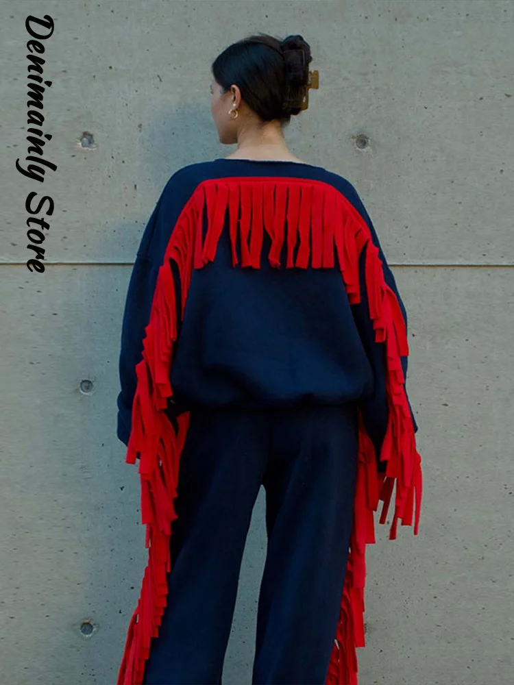 Casual Women's Tassel Patchwork Hoodie Pant Set Loose O-neck Long Sleeve Pullover Elastic Waist Wide Leg Pants 2026 Autumn Suits