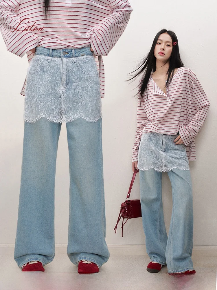 

Lii.Liilou Cotton Wide Leg Denim Jeans Lace Eyela False Two-Piece Casual High Waist Zipper Spring Summer Ladies Jeans
