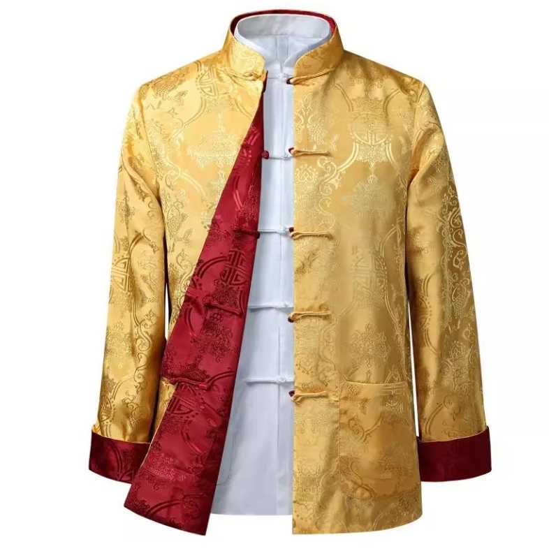 Jaket Tang Suit Musim Semi Musim Gugur Pria Kasual Kostum Nasional Tiongkok Ayah Kancing Panjang Dapat Dibalik Untuk Usia Menengah dan Lansia
