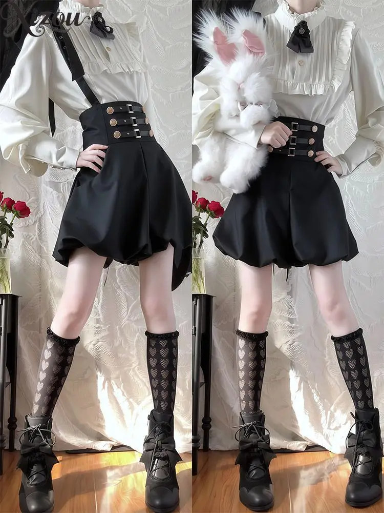 

Fashion Womens Outifits Lolita Suit Prince Style Long-sleeved Shirt + Black Suspender Shorts Women's Two-piece Summer Set