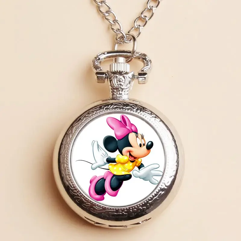 Disney Mickey Minnie Donald Duck Cartoon Animation Children's Pocket Watch Necklace Girls Kawaii Quartz Watch Necklace Gift