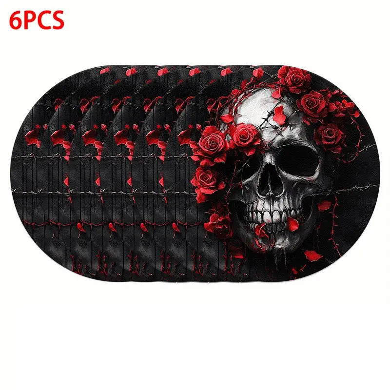 VIKAMA Thorn Red Rose Skull Meal Mat Insulation Western Food Mat Gothic Halloween Table Placement Mat Table Decoration