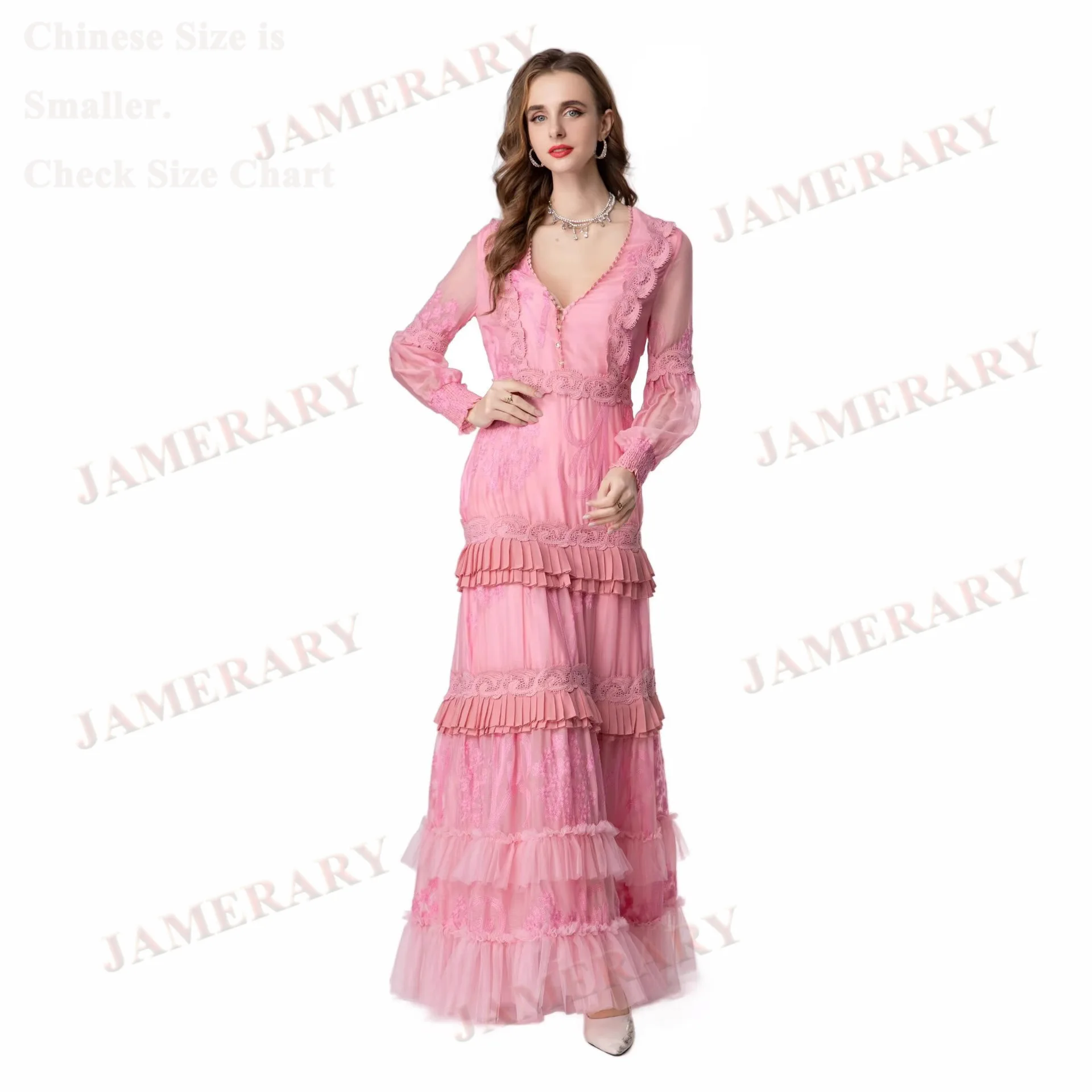 ชุดเดรสยาวปักลายสีชมพูสำหรับฤดูร้อนและฤดูใบไม้ร่วง แขนระบายทรงหางปลา ชุดเดรสทรงเค้กสำหรับผู้หญิง งานปาร์ตี้ งานพรอม งานราตรี