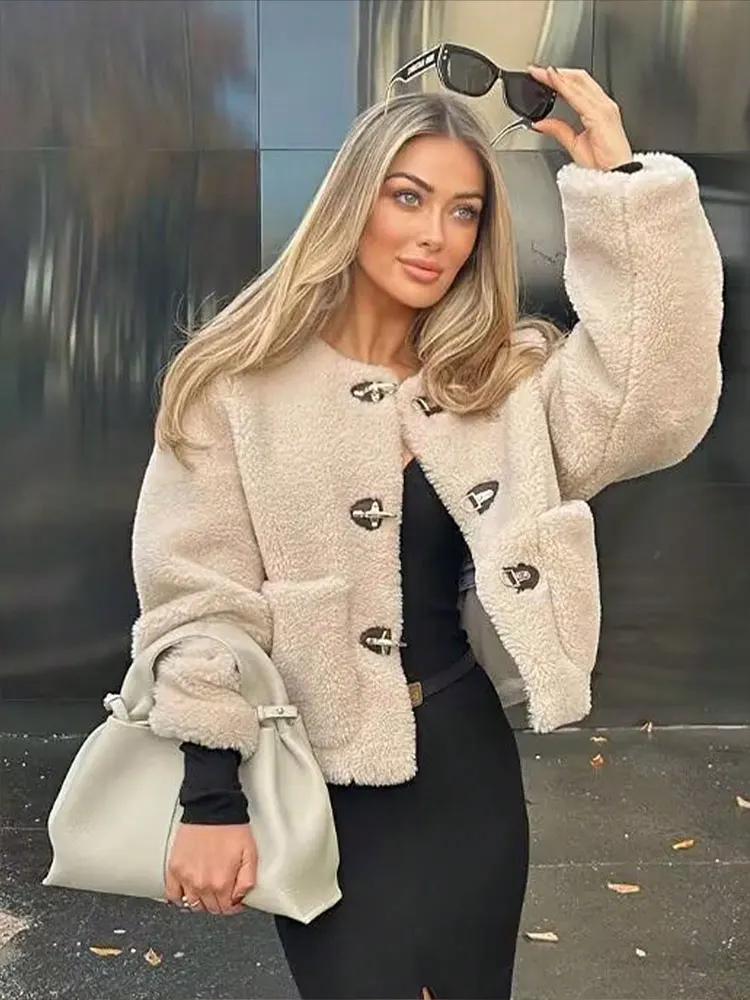 

HH Осенняя куртка для женщин, зимняя теплая верхняя одежда, укороченные пальто с круглым вырезом и длинными рукавами, женская элегантная модная уличная одежда