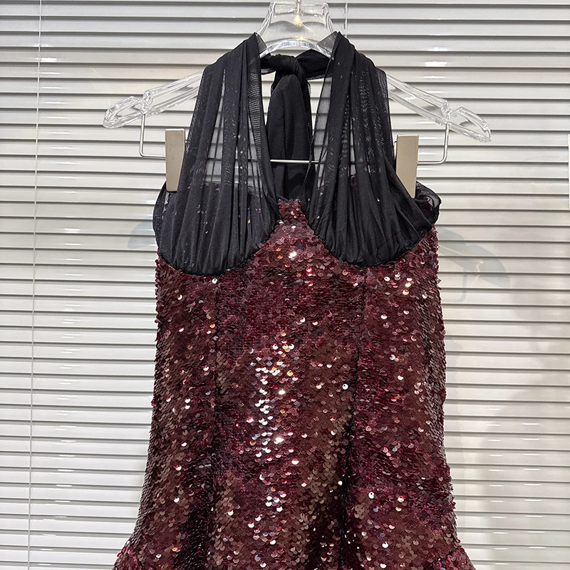 Vestidos Mini Sexy com Lantejoulas para Mulheres, Sem Mangas, Costura em Camadas, Alta Cintura, Novo Designer