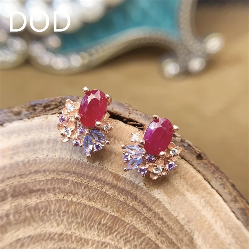 

DOD Jewelry Natural Burma Ruby Stud Earrings for Daily Wear 4mm*6mm Ruby Silver Earrings 925 SilverJewelry