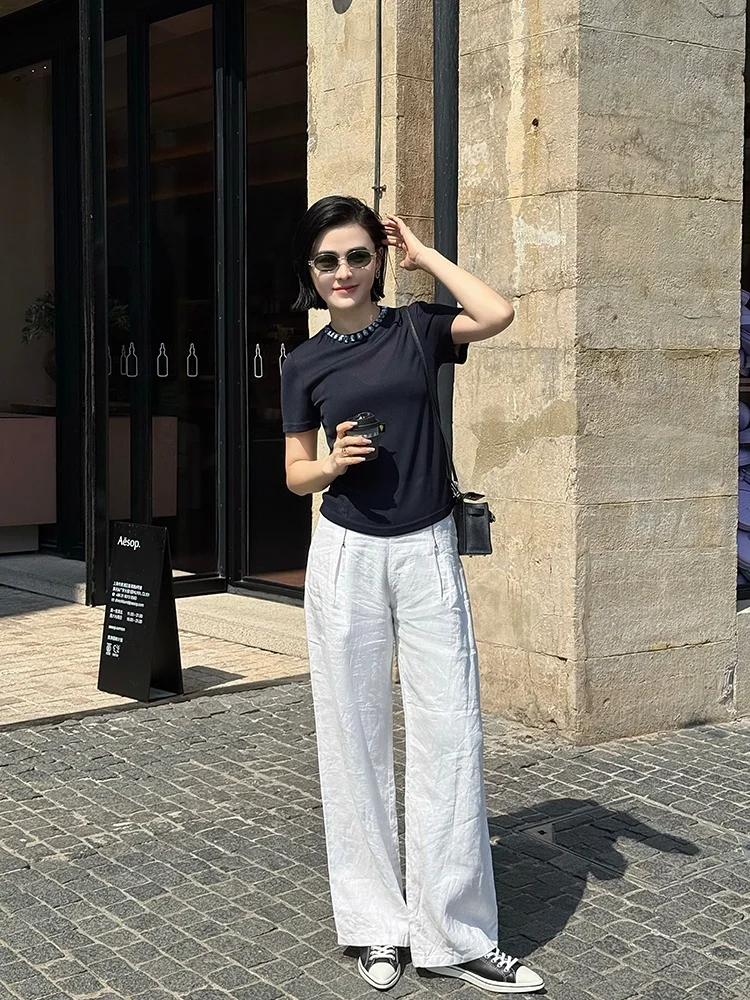 

Blue Rhinestone round Neck T-Shirt Versatile Fashionable Design Spring Summer 2026 Yuanyilings Blue Sea Collection