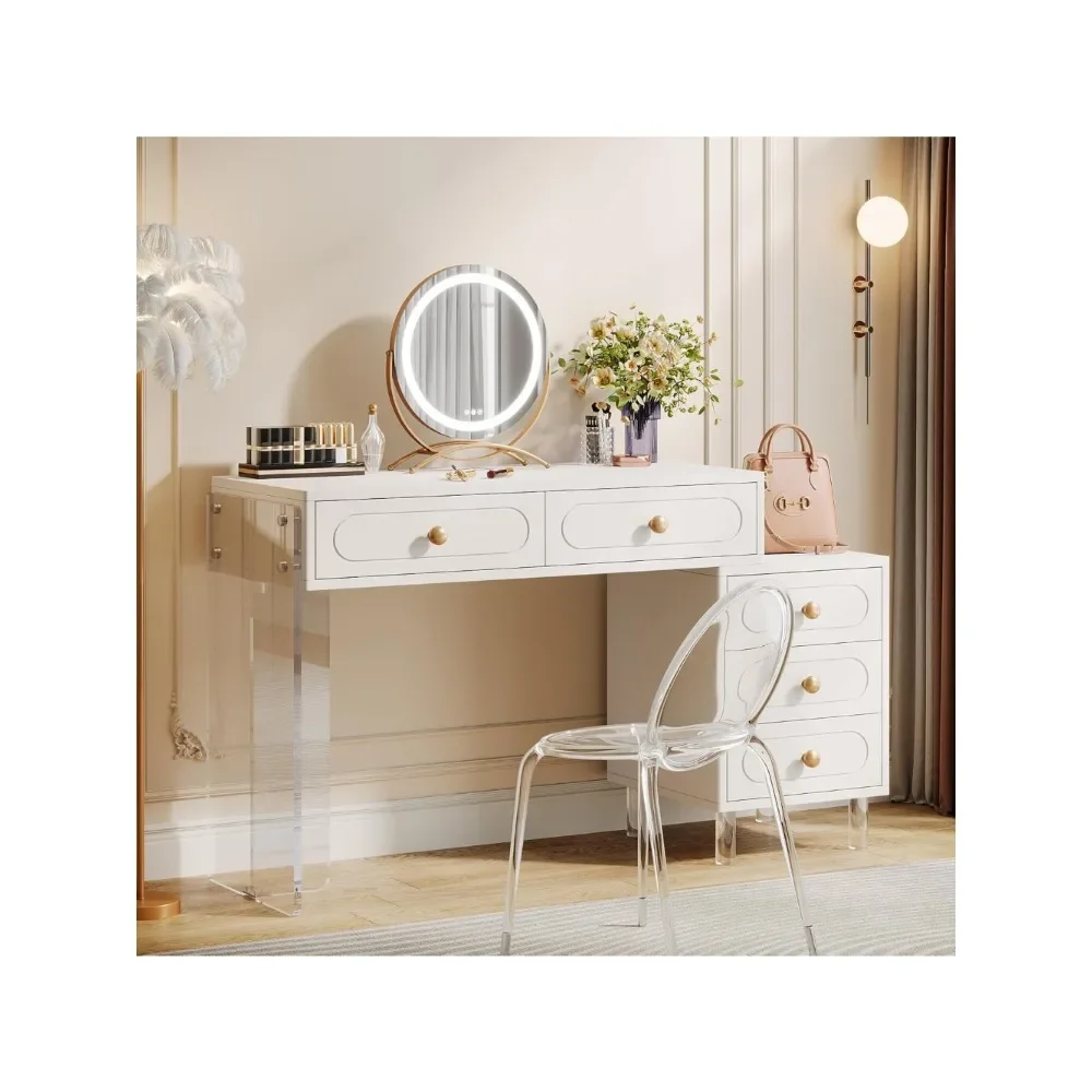 

5-Drawer White Vanity Desk, Modern Extendable Makeup Desk with Acrylic Base and Legs, Small Dressing Table for Women
