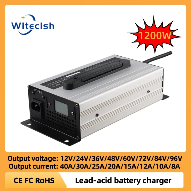 1200 Вт, 12 В, 40 А, 24 В, 30 А, 36 В, 25 А, 48 В, 20 А, 60 В, 15 А, 72 В, 12 А, 84 В, 10 А, 96 В, 8 А, свинцово-кислотное зарядное устройство, зарядное устройство для тележки для гольфа, вилочного погрузчика, подъема
