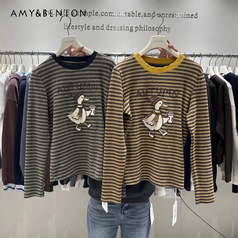 

Женская футболка из матового хлопка с длинными рукавами, осень 2023, новая нижняя рубашка в европейском стиле с тяжелой вышивкой в мультяшную полоску