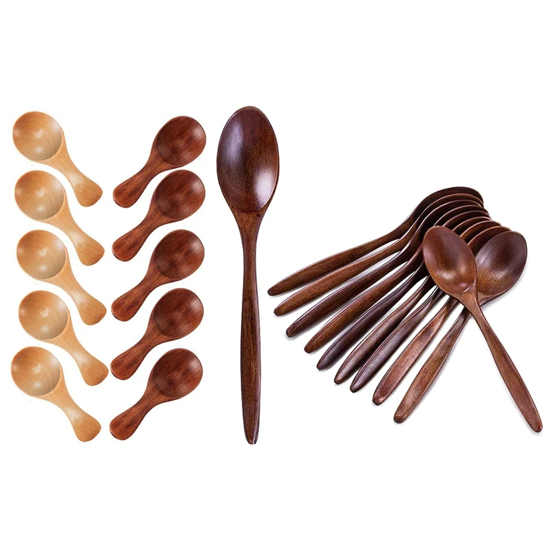 1 Set 8 X 3.2Cm Small Wooden Spoons Mini Seasoning & 10 Pcs 18.5Cm Wooden Spoons,Wood Soup Spoon Set