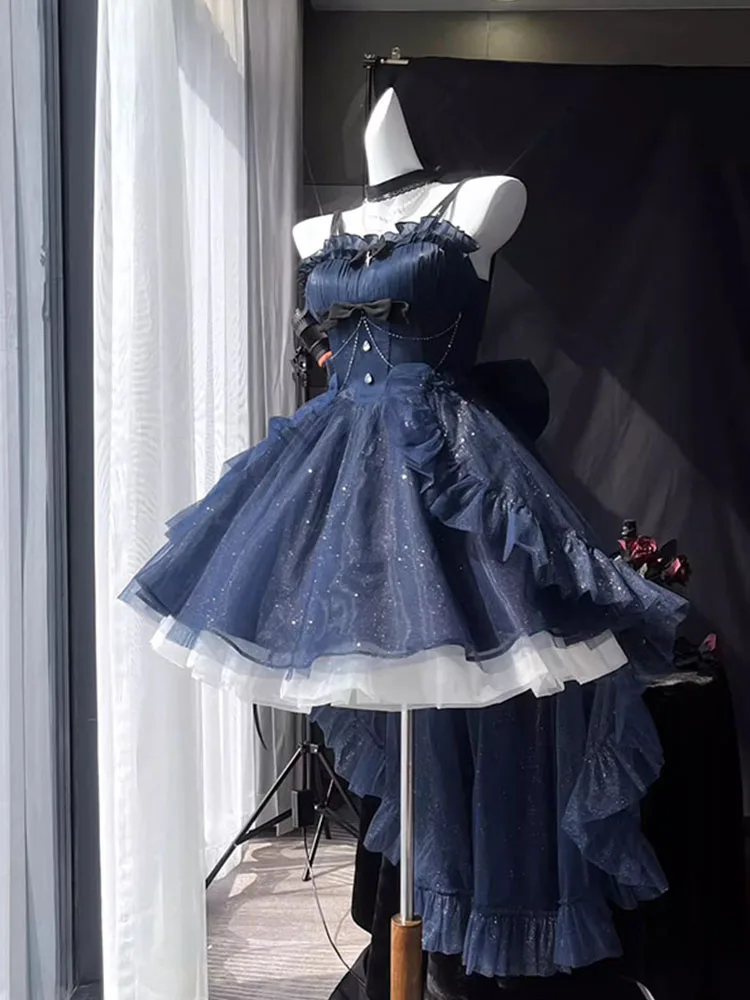 

Blue Princess Style Lightweight Ball Gown Skirt Cute Lolita Puffy Skirt High Waist Knot Short Dress for Casual Wear