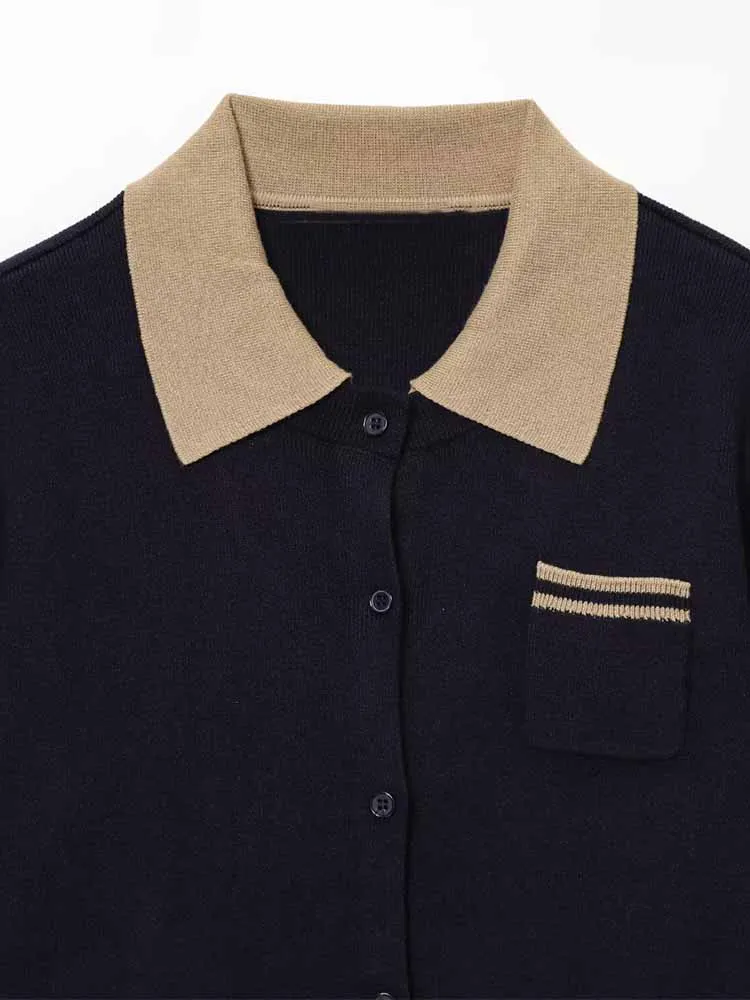 النمط الأوروبي والأمريكي الخريف والشتاء تصميم الملابس النسائية العصرية البسيطة قميص بولو متماسك #3