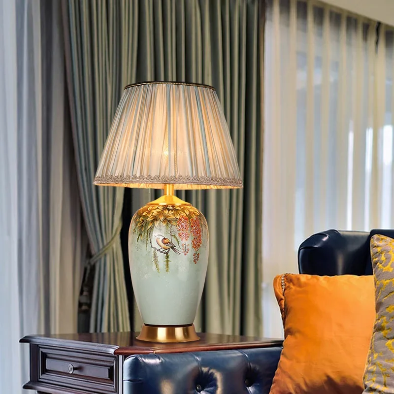 

SANDYHA Modern American Style Ceramic Floor Lamp with Fabric Lampshade Ideal for Bedroom Living Room Indoor Lighting Night Stand