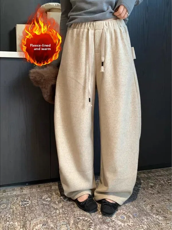

Large Size Women's Autumn Winter Casual Wide Leg Pants Fce Lined Camere Dstring Rice Noodle Towel Knife Trousers