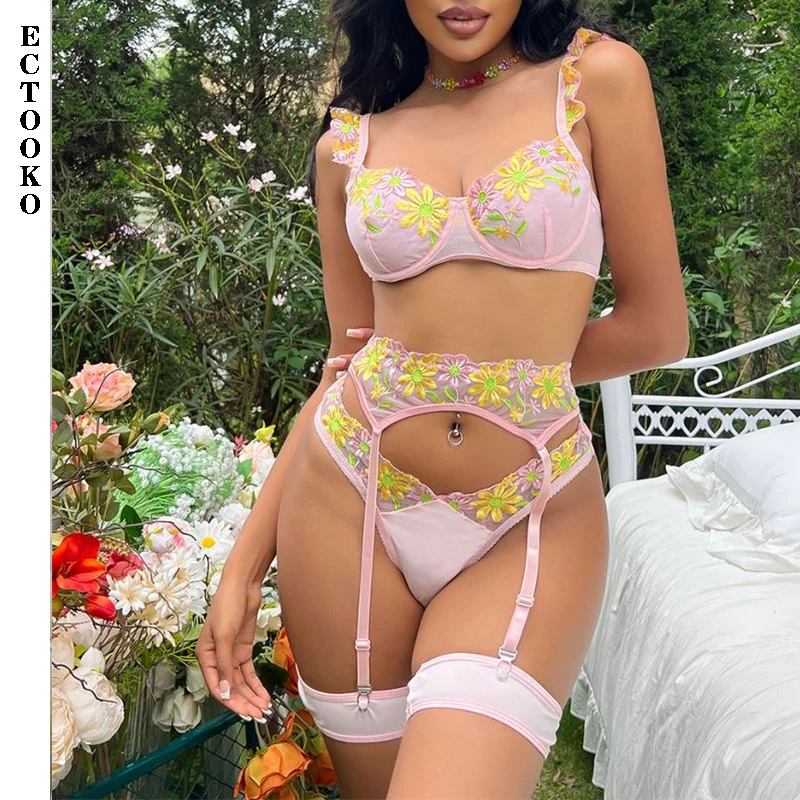 ECTOOKO Pink 3-Piece Sexy Lingerie Sets with Stockings Floral Embroidery Fancy Underwear Exotic  Ruffled Intimate Fairy Outfits