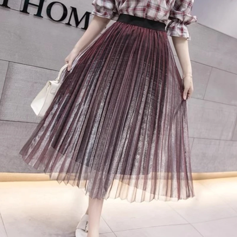 Summer Discolor Shine Gradient Pleated Long Gauze Skirt Metallic A-line Elegant Gradient Purple Green Mesh Skirts