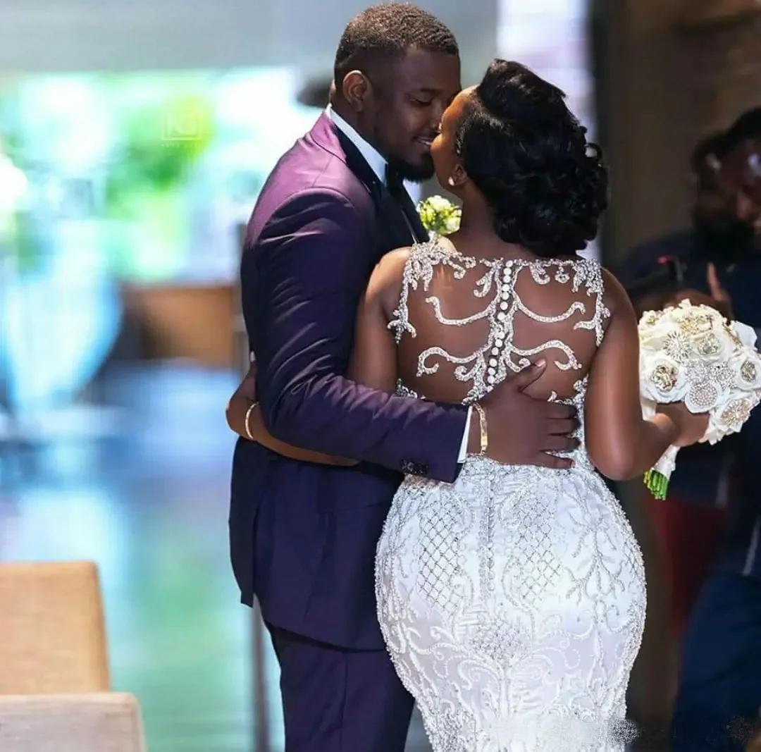 맞춤형 스파게티 인어 웨딩 드레스 플러스 사이즈 아프리카 레이스 페르시 아가 목 신부 가운 버튼 백 Tulle Beach