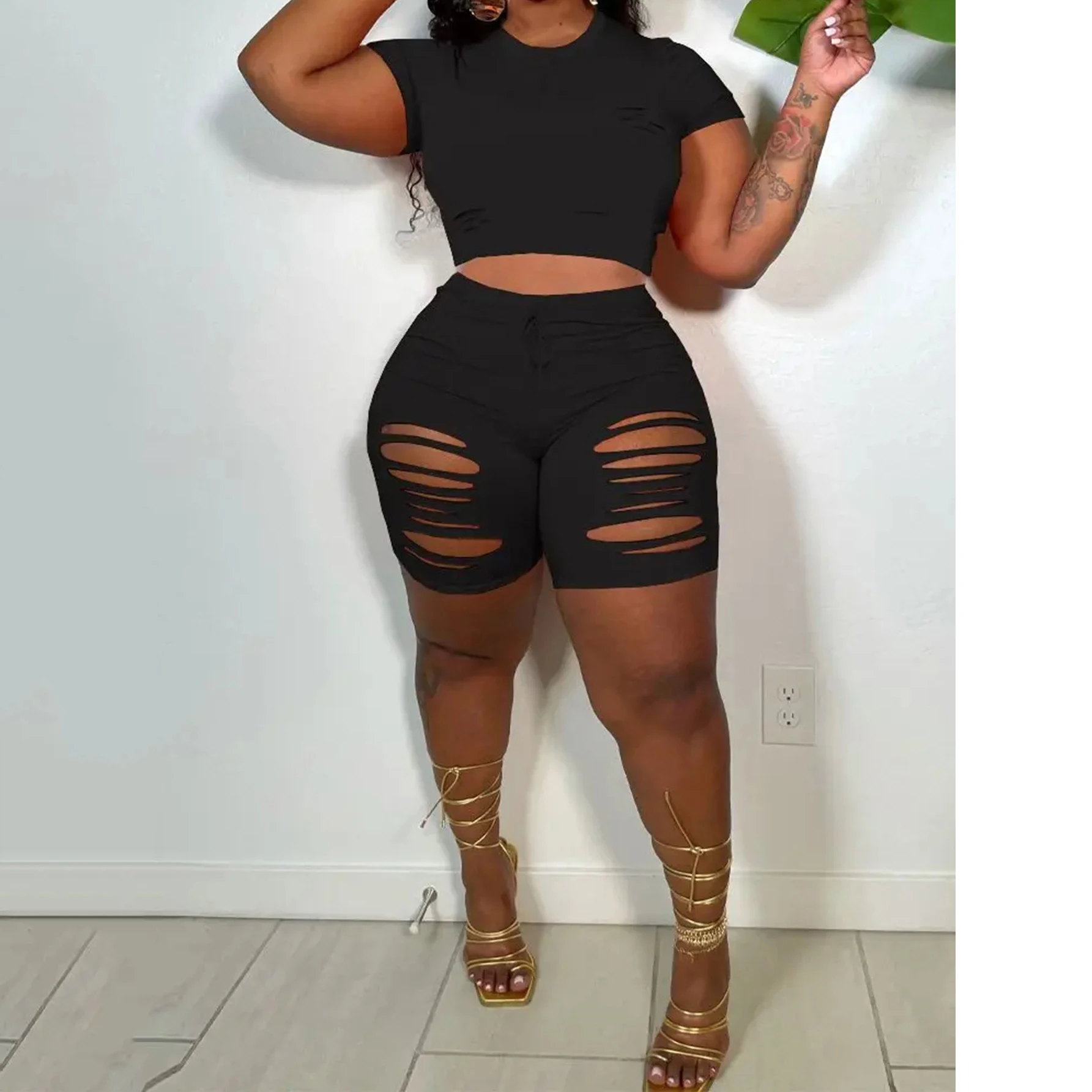 Plus Size Solid Two-piece Set Crew Neck Short Sleeve Top & Cut Out Shorts Outfits Women\'s Plus Size Clothing