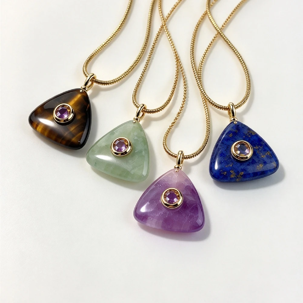 1PC Geometric Triangle Rock Specimen Necklace,Inlaid Decorative Mineral Ornament,Vintage Wearable Jewelry Golden Plated N2C152
